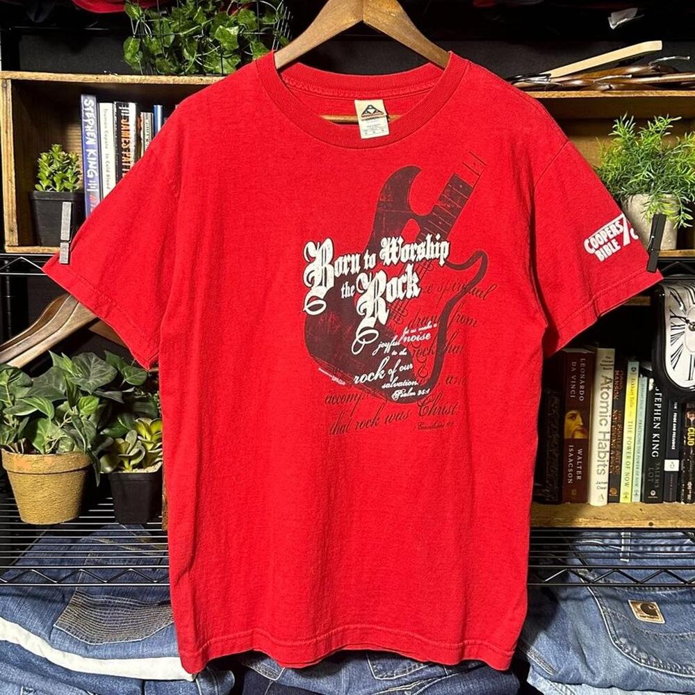 Vintage Y2K "Born to Worship Rock" Tee Red Electric Guitar Music Shirt Large